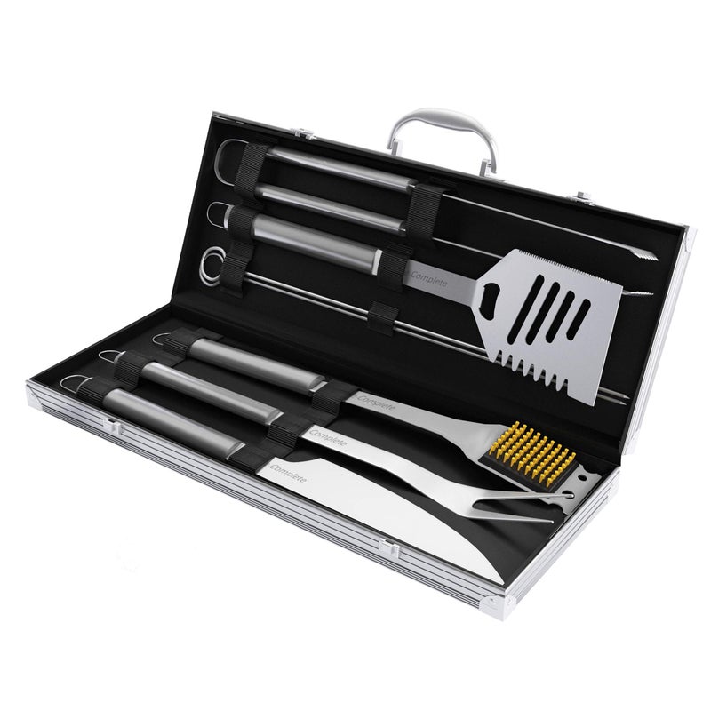 Home-Complete 7-Piece Stainless-Steel BBQ Cooking Utensils Set - Barbecue Grill Accessories with Aluminum Portable Handled Storage Case by Home-Complete (Silver) - Image 1